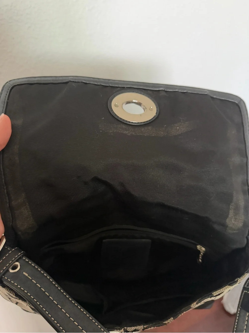 Coach Beige & Black Signature Canvas Turnlock Shoulder Bag